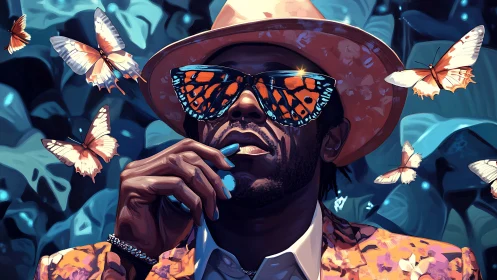 Man wearing butterfly sunglasses surrounded by floating butterflies