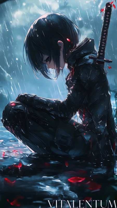 Rain-soaked lone swordsman in reflective sorrowful silence.