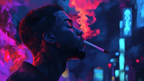 Man smoking in neon city with vivid red and blue smoke.