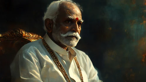 Oil portrait of dignified elder in chiaroscuro lighting style.