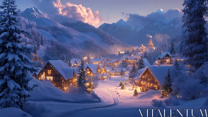 Cozy alpine village glowing under a calm winter twilight.