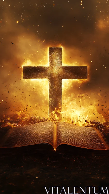 Fiery cross rising above glowing open Bible in flames.