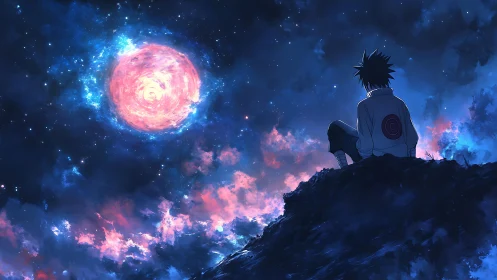 Starlit dreamer rests beneath a glowing cosmic moon