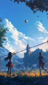 Schoolgirls retrieve soccer ball under vast summer sky.