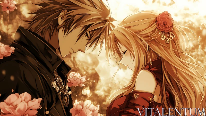 Romantic Anime Portrait: Golden Hour Intimate Moment with Floral Elements.