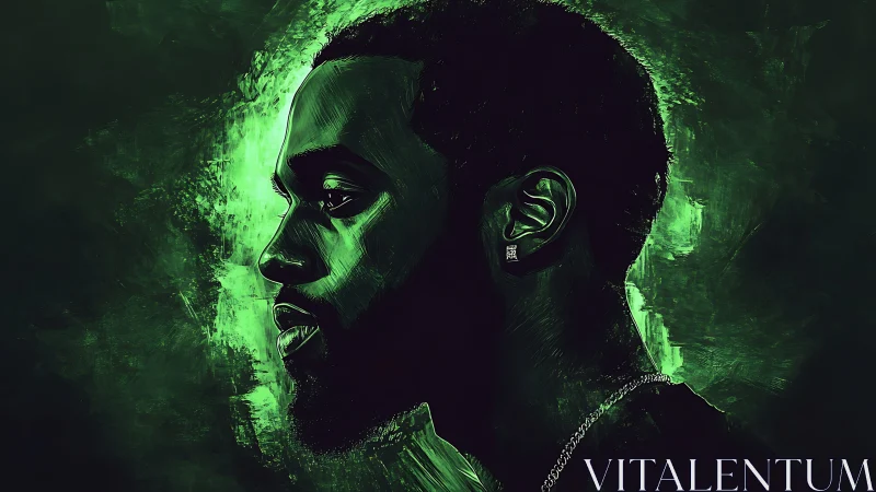 Moody green digital portrait of man in side profile view.