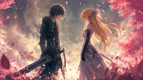 Backlit armored knight and robed woman amid drifting sakura petals