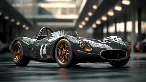 Low-slung classic race car render in glossy showroom light