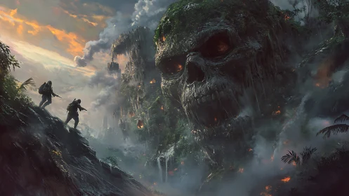 Soldiers approach colossal jungle skull cliff in volcanic mist