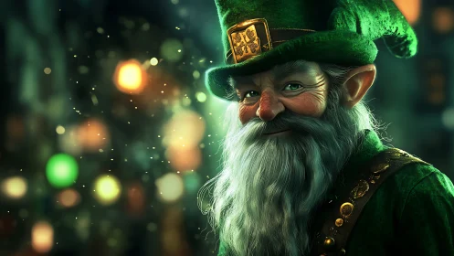 Emerald street leprechaun smiling beneath glowing lanterns.