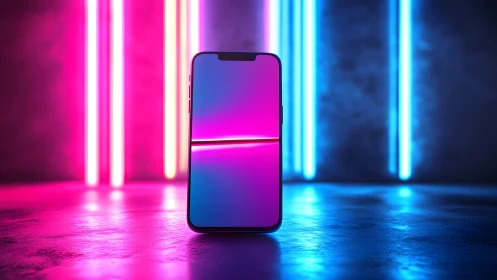 Smartphone with Neon Lights in Modern Futuristic Studio Setting.