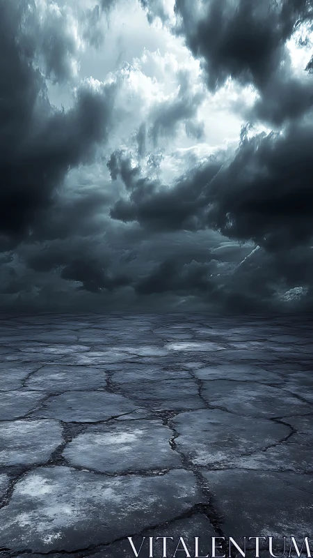 Storm-laden cracked salt flat under brooding cyan overcast sky.
