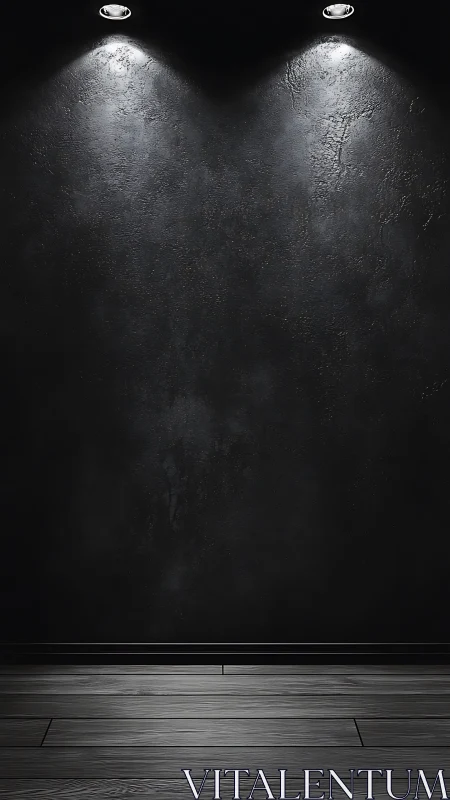 Dark textured wall with downlights over wooden floor surface.