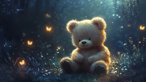 Luminous teddy bear rendered with volumetric forest lighting and bokeh