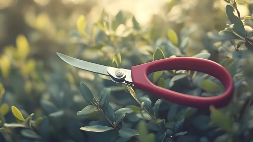 Garden pruning shears rest quietly among sunlit foliage