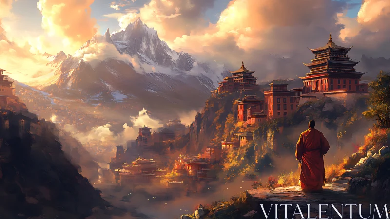 Monk Overlooks Sunlit Mountain Temples in Misty Valley.