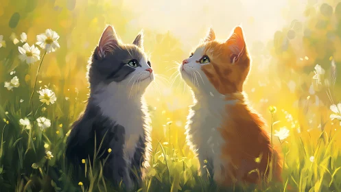 Two Cats Positioned in Flowering Meadow with Yellow Lighting