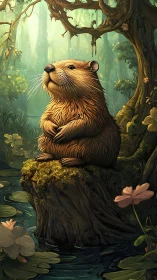 Pondside philosopher capybara in a sun-dappled forest dreamscape.