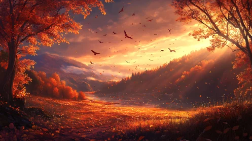 Autumn valley sunset over lake with glowing amber foliage.