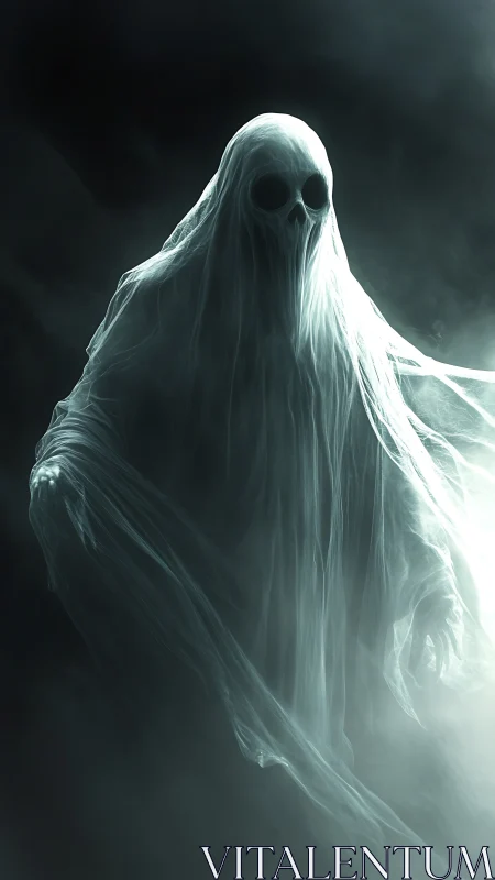 Translucent spectral figure in misty monochrome environment.