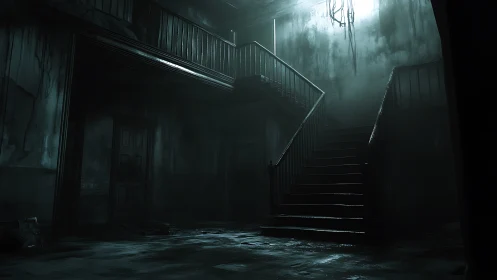 Dilapidated interior staircase in dark abandoned building.