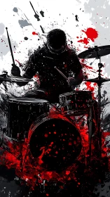 Silhouetted drummer with splattered red and gray background.