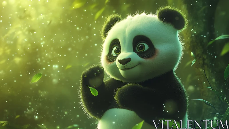 Baby panda stands in glowing forest with drifting leaves