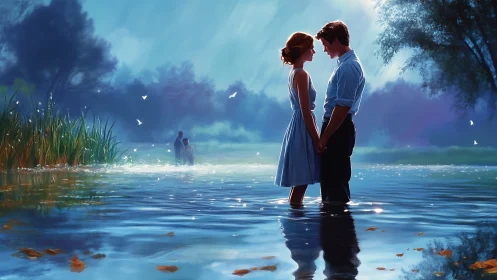 Couple standing in shallow water beneath stormy sky