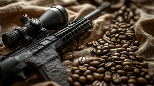 Precision rifle optic juxtaposed with dispersed coffee beans.