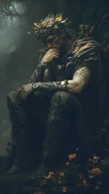 Melancholic forest warrior rests beneath ancient boughs.