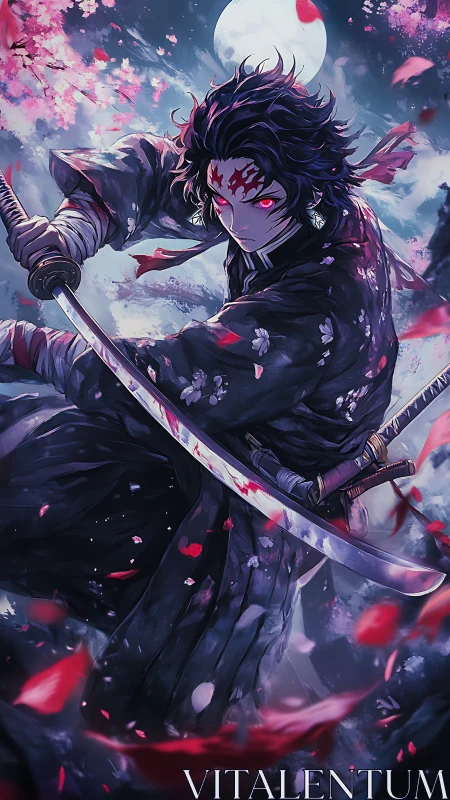 Moonlit cherry blossoms circle a fierce red-eyed swordsman.