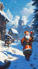 Snow-kissed Santa marches through a storybook winter village