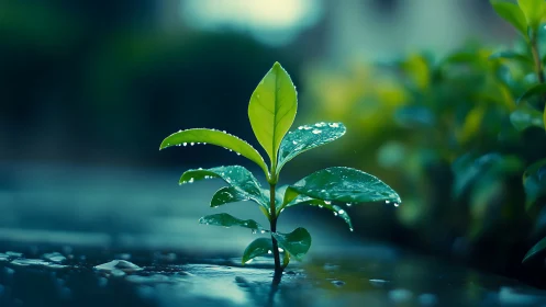 Young green plant with raindrops on leaves in soft focus.