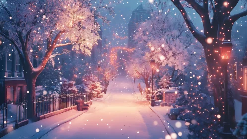 Snow covered city street with warm lamppost lighting at dusk.