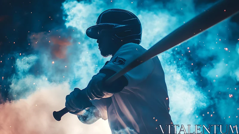 Baseball batter prepares to swing amid dramatic colored smoke