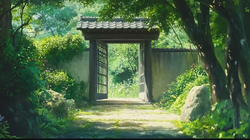 Sunlit wooden garden gate opens onto lush summer path