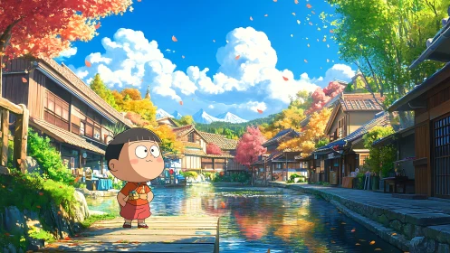 Cartoon boy explores serene Japanese riverside town in autumn