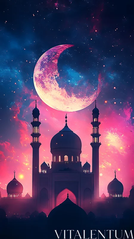 Moonrise crowns the dreamlit palace in nebula-swept skies