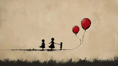 Minimalist silhouette children with red balloons on beige field.