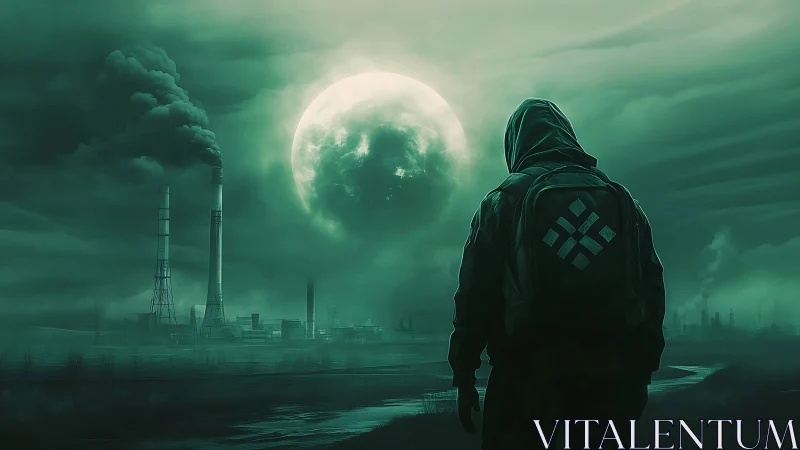 Lone drifter beneath toxic moon over haunted industrial plain.