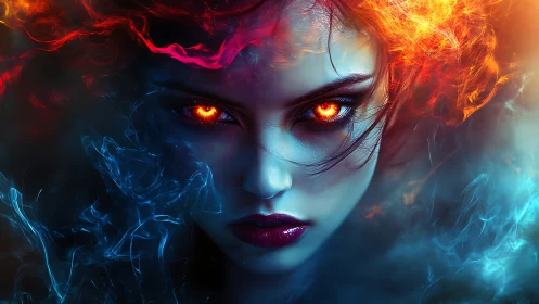 Intense elemental woman portrait with fiery glowing eyes.