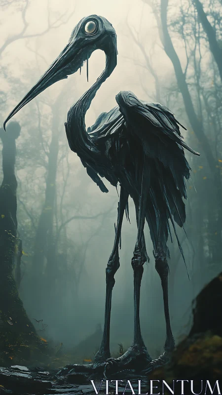 Fogborn bone-heron stalks a haunted woodland threshold.