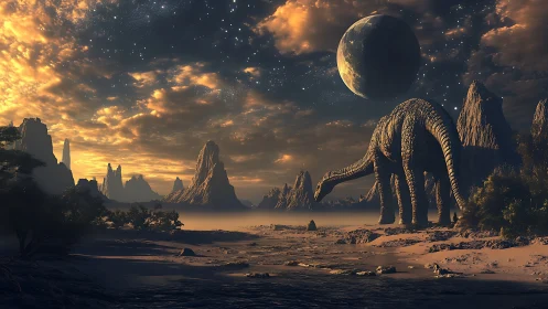Stone colossus dinosaur beneath twin dusk skies on exoplanet.