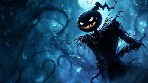 Nocturnal pumpkin scarecrow amid twisted spectral forest