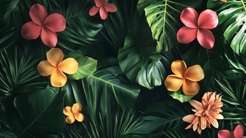 Tropical Floral Composition Against Deep Emerald Foliage.