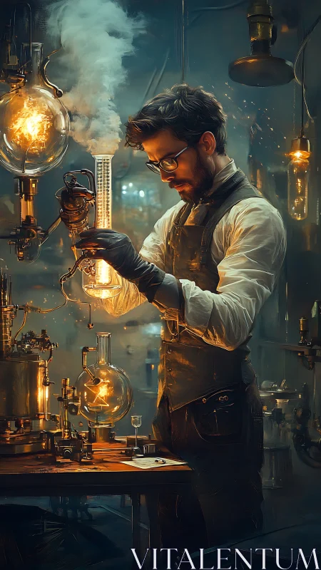 Scientist conducting experiment in vintage laboratory setting.