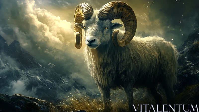Majestic horned ram under dramatic stormlit alpine sky