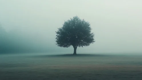 Solitary tree in luminous teal morning fog field scene.