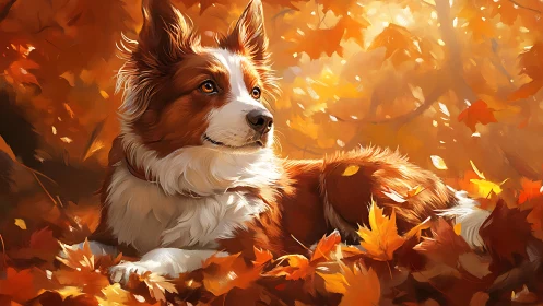 Border collie resting in sunlit deciduous autumn foliage