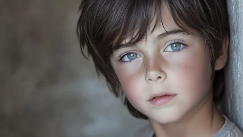 Young Girl with Striking Blue Eyes and Freckles Contemplates.